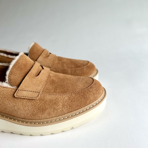 UGG Penny Tan Suede Sheepskin Leather Fur Trim Rubber Outsole Loafers size 8 - Picture 15 of 16